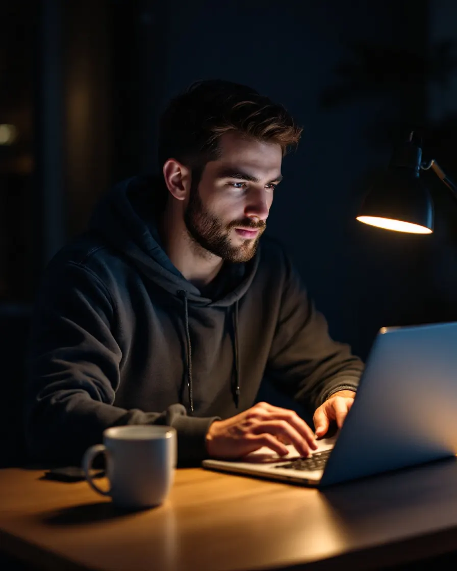 A creator working at a laptop under a desk lamp in the evening