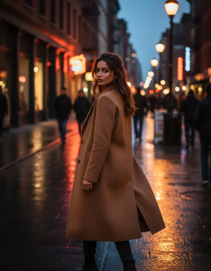 A woman in a camel coat looking back over her shoulder on a city street at dusk