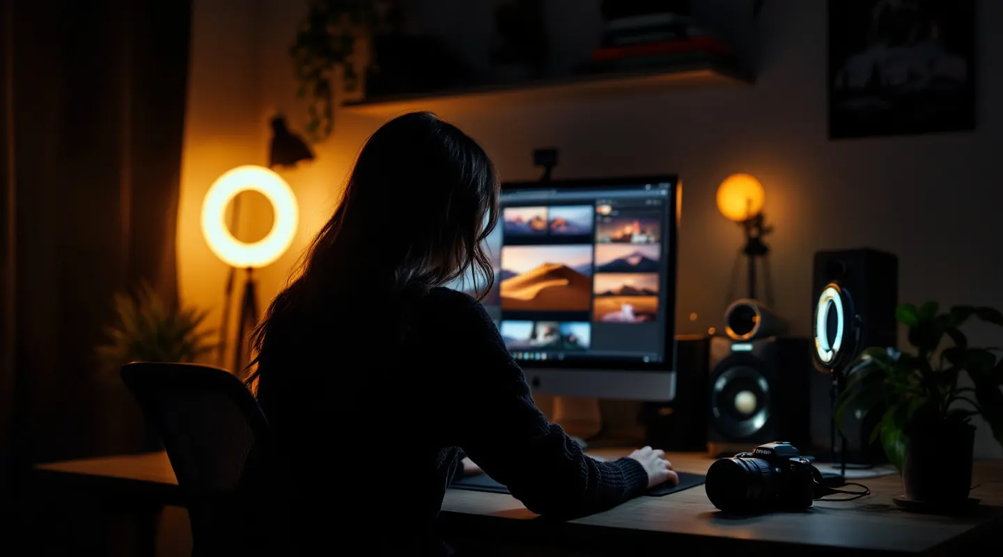 A creator at her desk at night reviewing photos on a large monitor