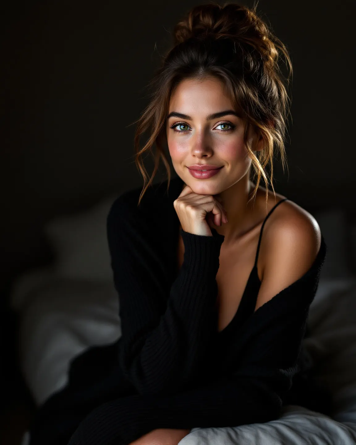 A content creator sitting on the edge of her bed in warm window light, looking into the camera