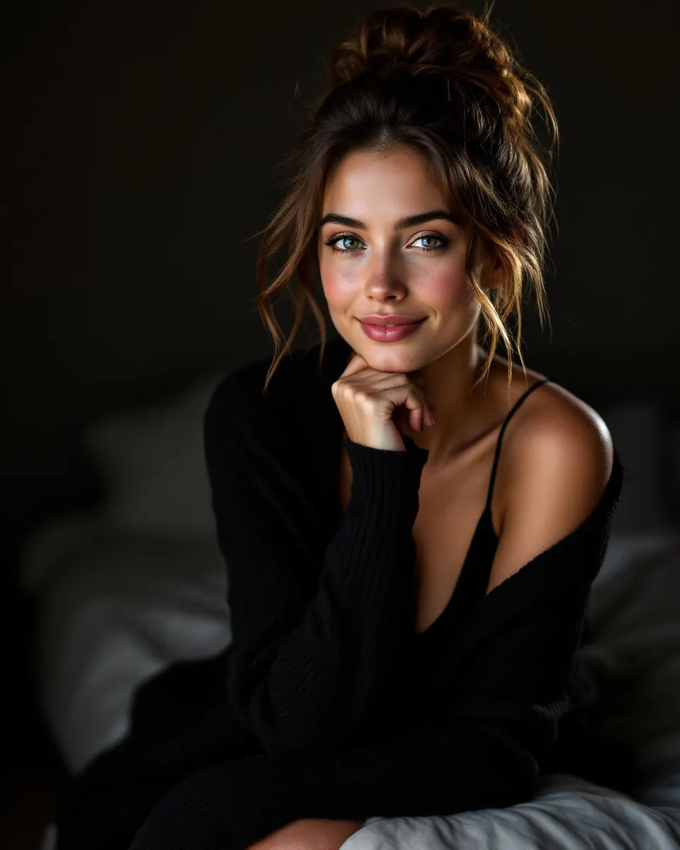 The same AI-generated woman at home in a black cardigan