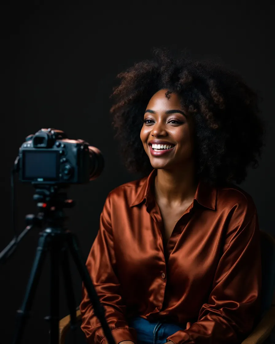 A creator speaking to a camera in a home studio with a softbox light