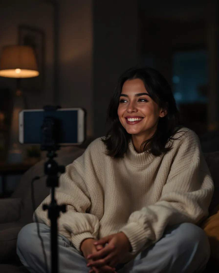 A creator filming herself with a phone on a small tripod at home