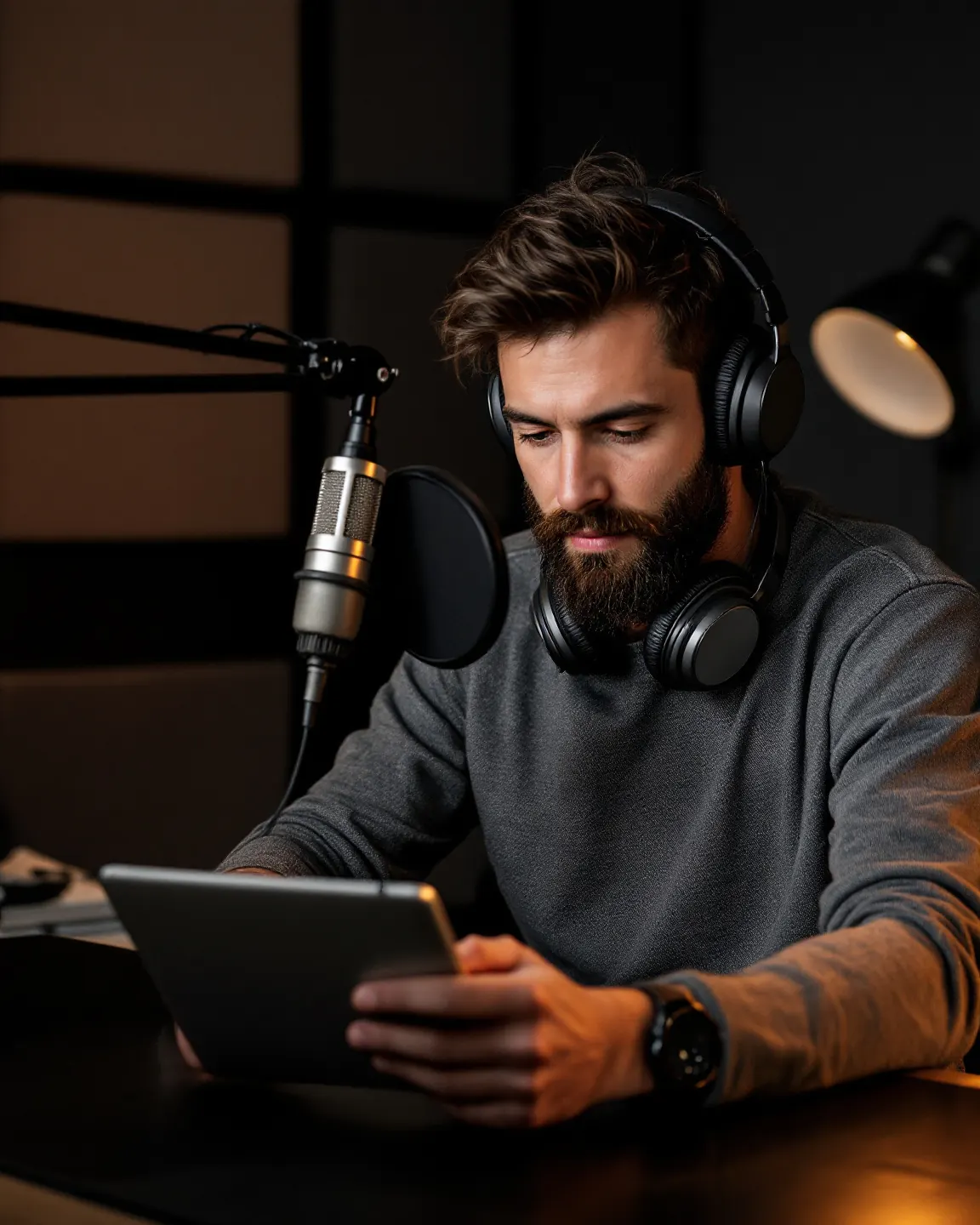 A podcaster checking a tablet next to his microphone