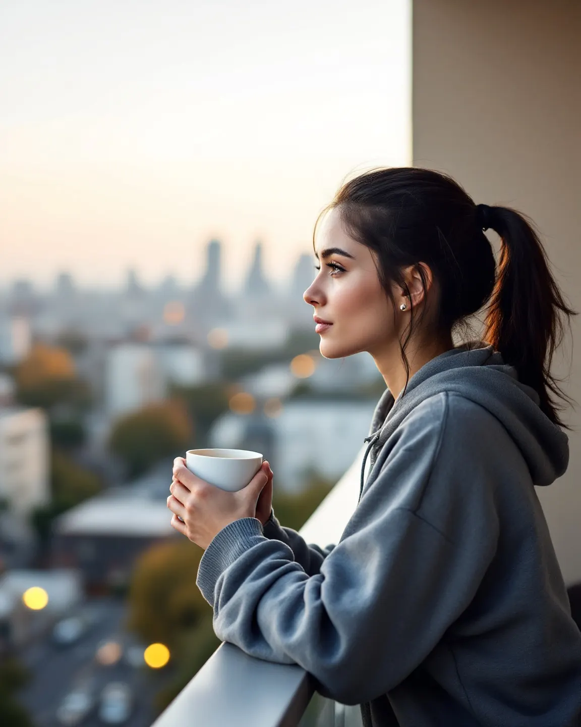 A creator with a coffee on her balcony early in the morning, away from her desk