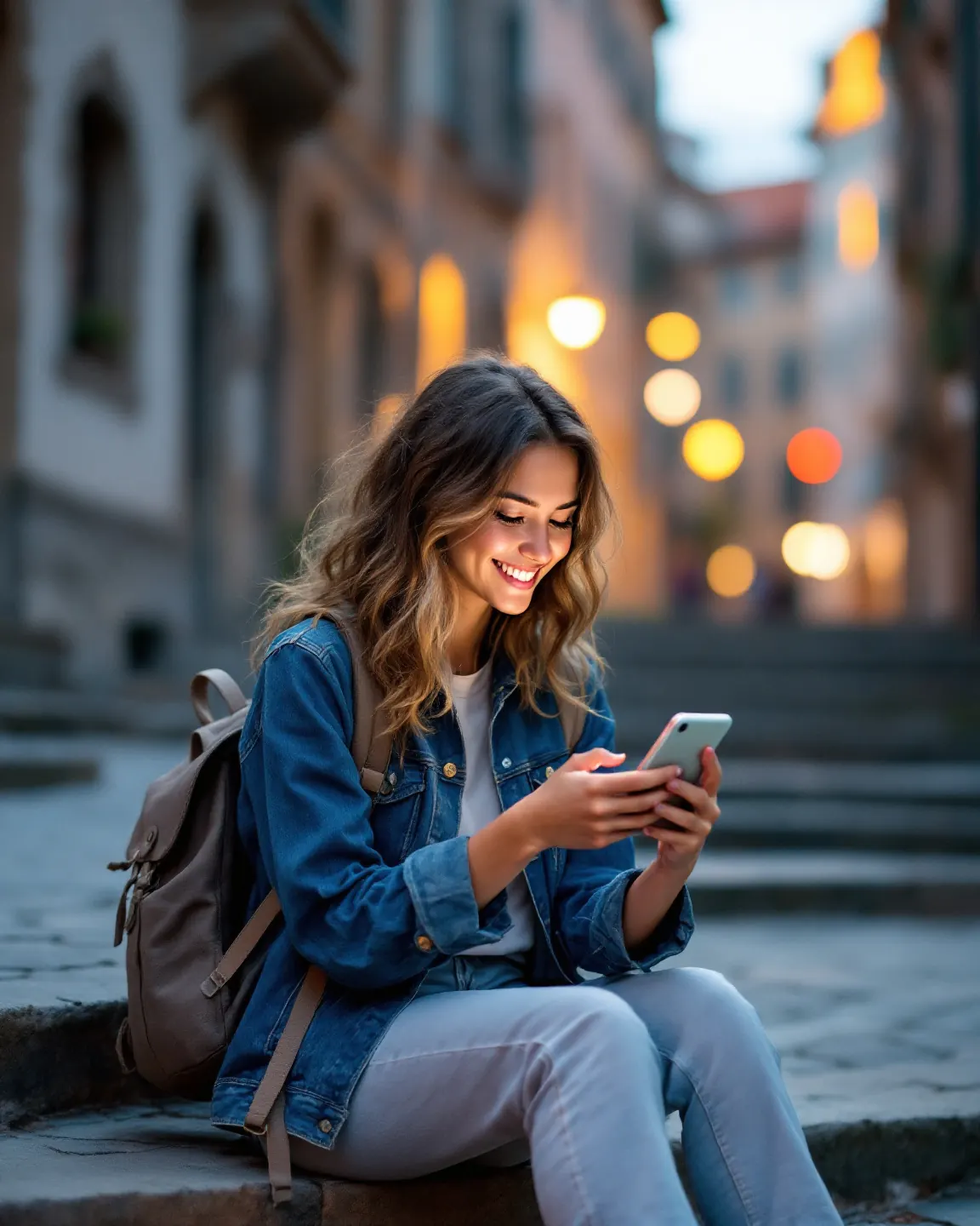A travel creator on old stone steps at dusk smiling at her phone