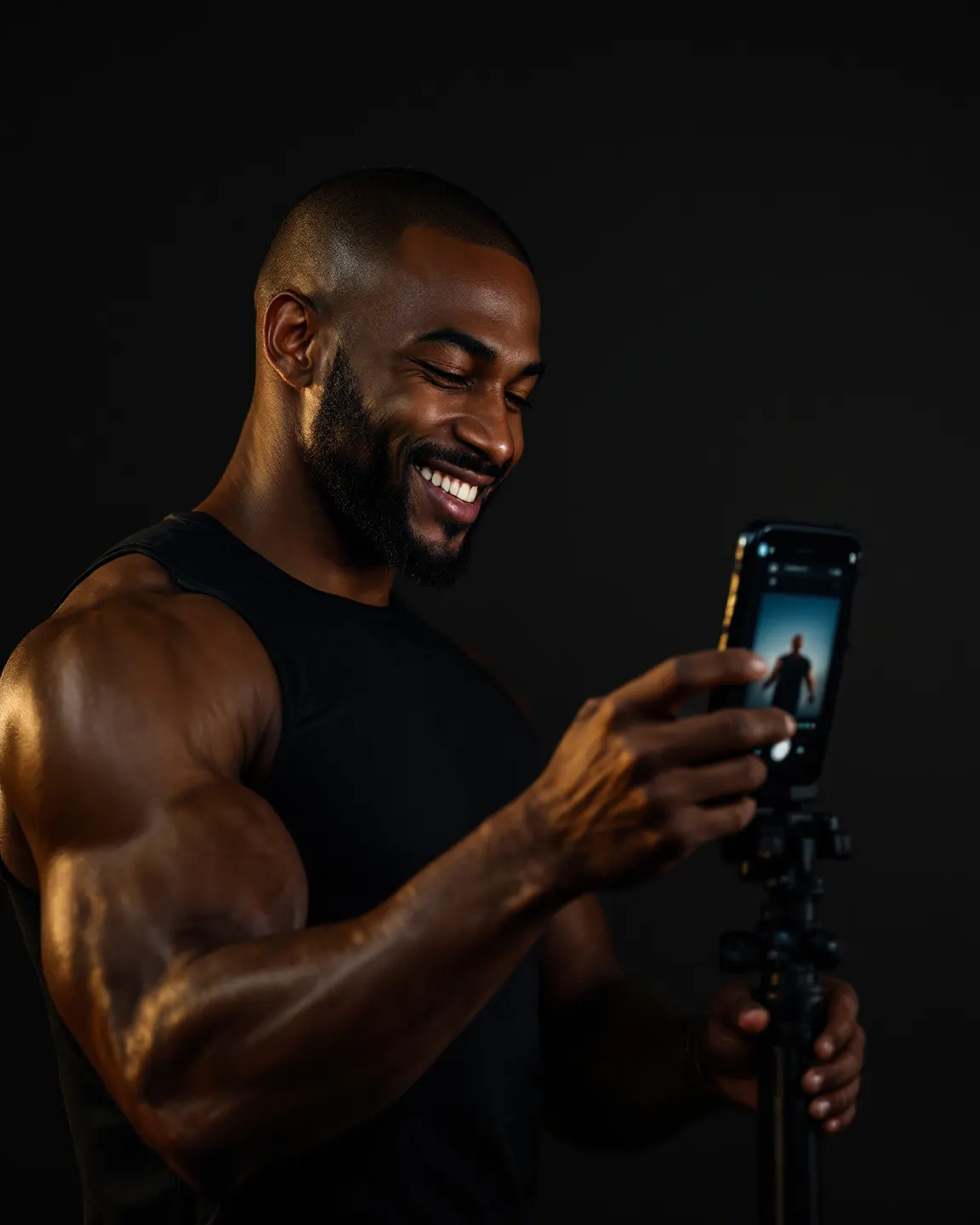 A fitness coach recording a workout video on his phone in a home gym