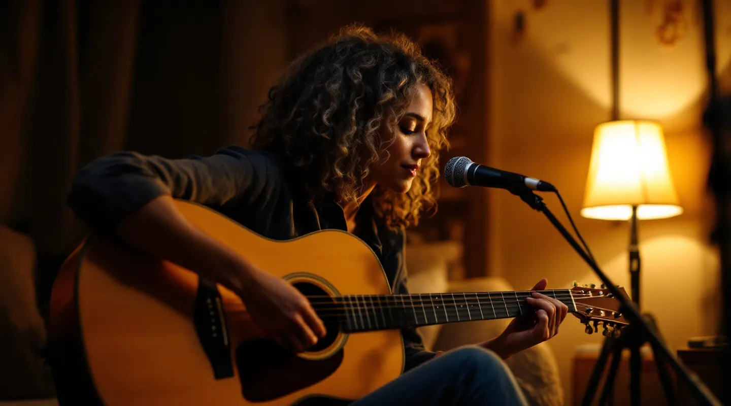 A musician playing guitar in her home studio with a camera pointed at her