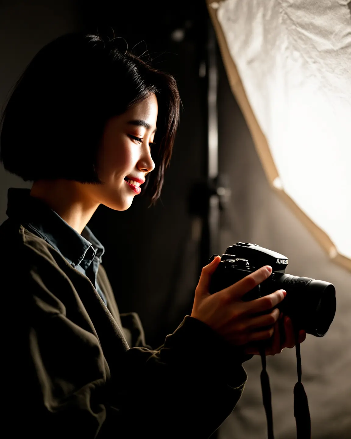 A photographer reviewing shots on her camera in a studio