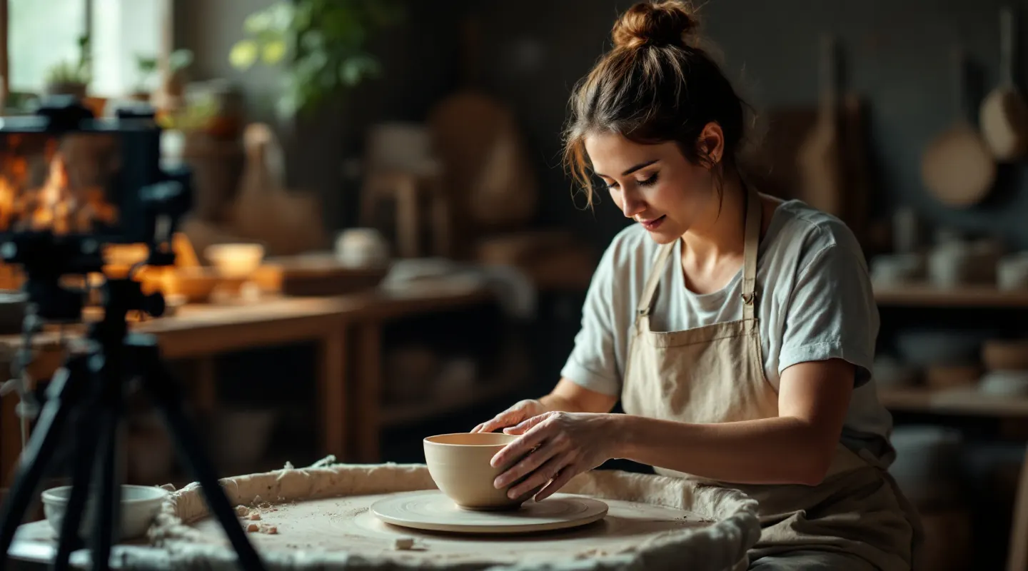 A ceramics creator shaping a bowl on a pottery wheel while her phone films
