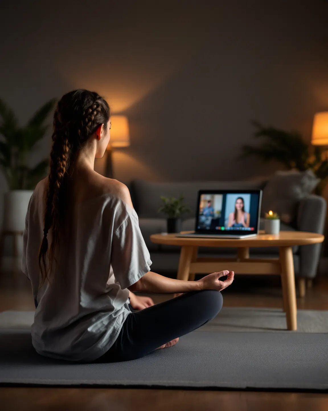A yoga teacher leading a live online class from her living room