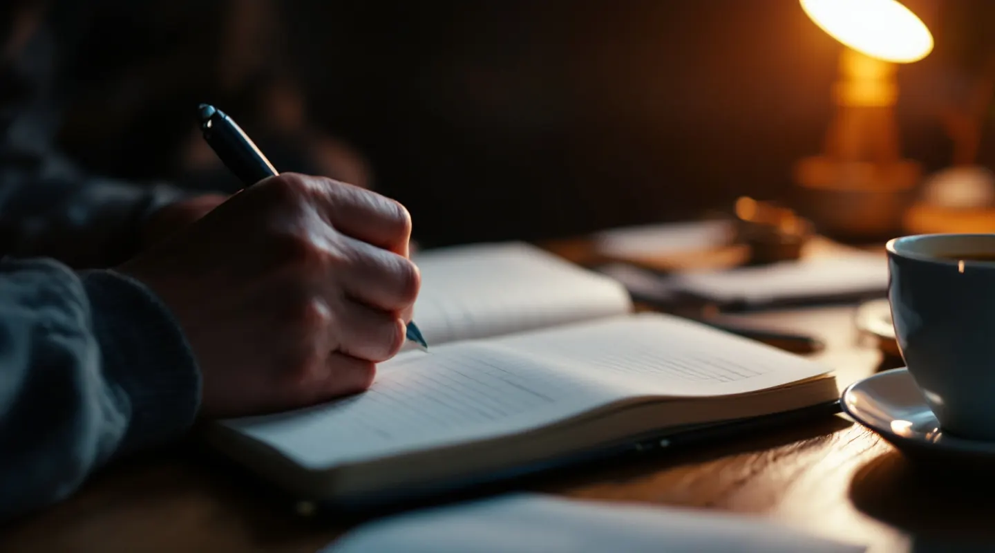 Hands writing ideas in a notebook beside a laptop and a coffee at night