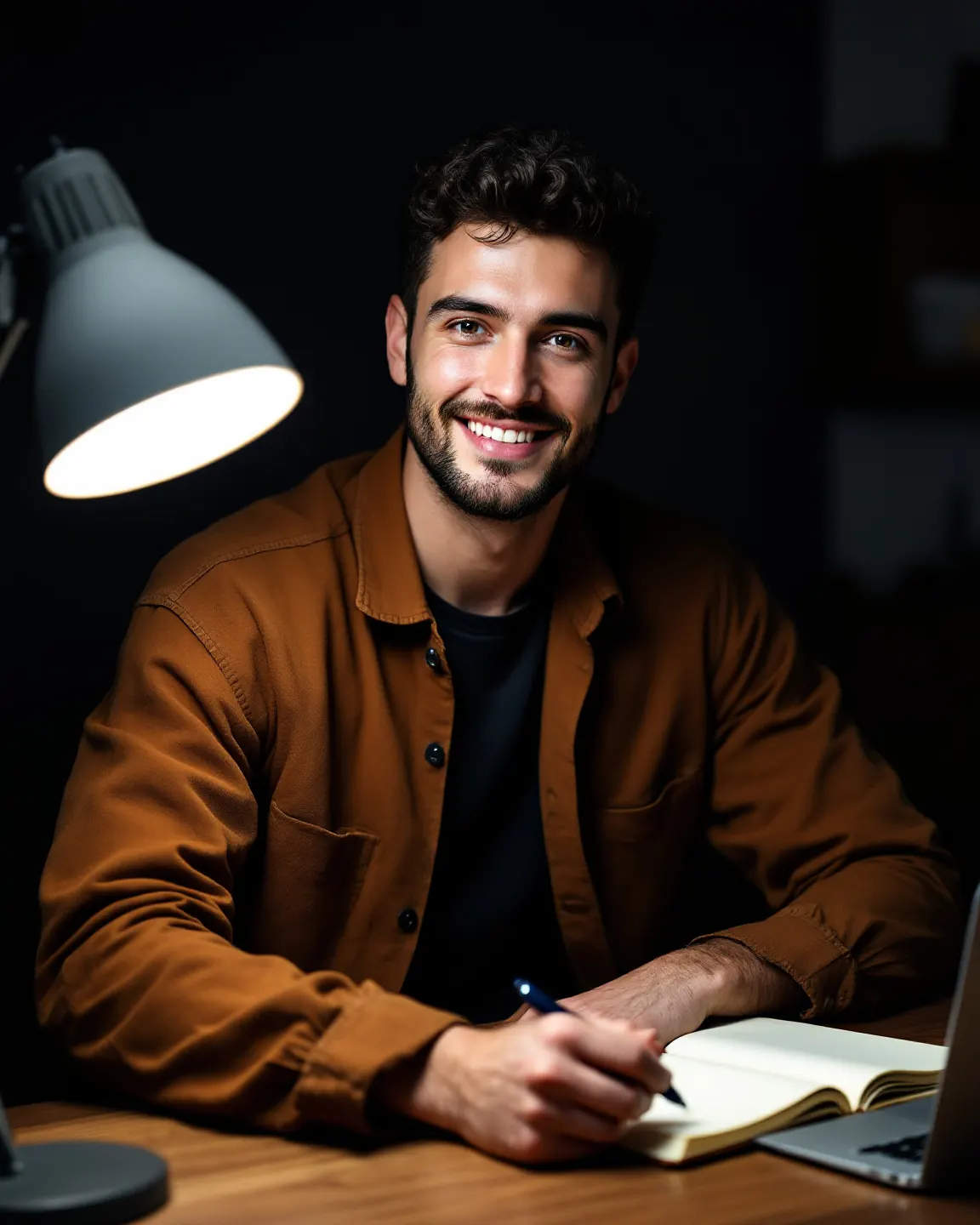 A creator writing ideas in a notebook at his desk at night, smiling into the camera